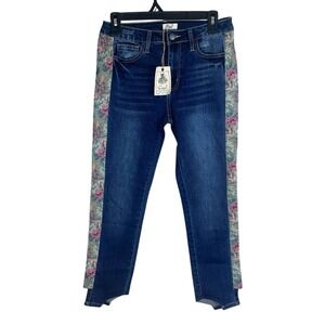 Easel Los Angeles Floral Side Stripe Stretch Jeans Size Small‎ NWOT Raw Hem Boho